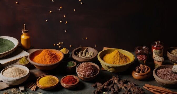 indian organic spices and herbs top view for food cuisine