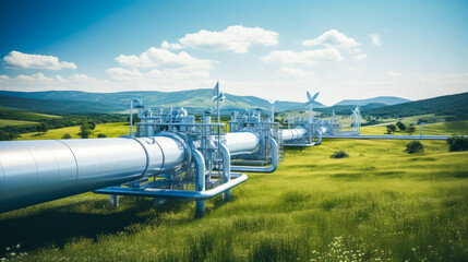 Renewable energy production hydrogen pipeline with wind turbines and in the background - obrazy, fototapety, plakaty