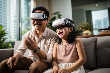 Family enjoy technology smartphone tablet and vr goggle glasses with lifestyle at home