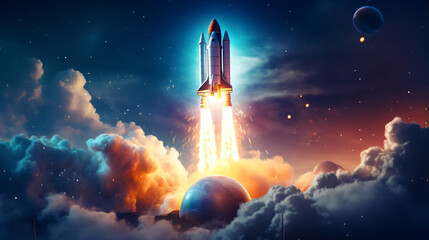Space rocket takes off into the starry sky - obrazy, fototapety, plakaty