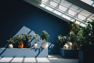 Shelves with plants in a flower shop, bokeh, with empty copy space