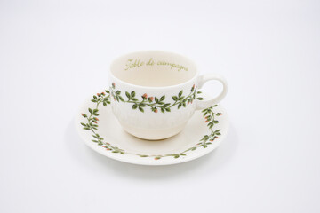 Elegant antique tea cup and saucer on white background.