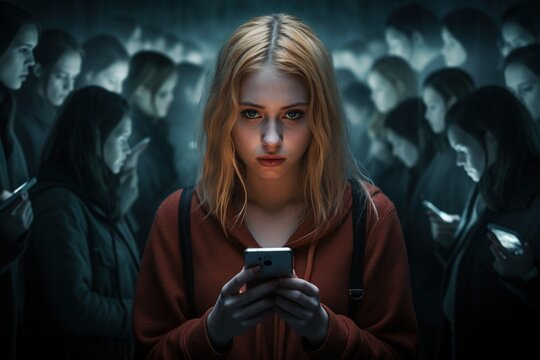 Young sad woman in the depressing world of mobbing and social media.