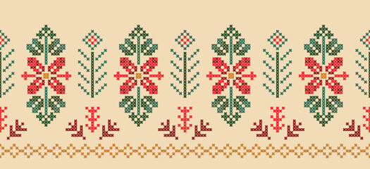 Motif Christmas ethnic handmade beautiful Ikat art. Christmas background. folk embroidery Christmas pattern, Ikat art ornament print. red, green colors. Holly, Mistletoe, poinsettia design.