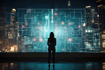 Back view of businesswoman looking at night city and network hologram, Businesswoman standing in front of a digital big screen hologram showing business data, rear view, AI Generated