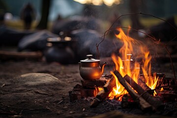 Kettle on a campfire in the forest. Camping, Camp fire and tea pot are foreground and focused, there is a tent in the background and defocused, AI Generated