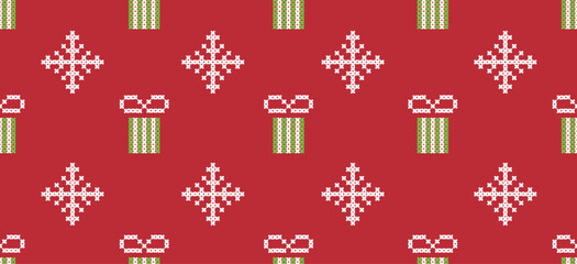 Naklejka na ściany i meble Motif Christmas ethnic handmade beautiful Ikat art. Christmas background. folk embroidery Christmas pattern, Ikat art ornament print. red colors. snowflake, gift design.