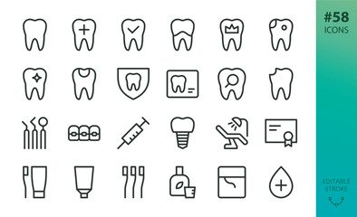 Dentistry and dental clinic isolated icons set. Set of dentist tools, dental implant, tooth, crown, broken tooth, caries, teeth braces, anesthesia, dentist chair vector icon with editable stroke