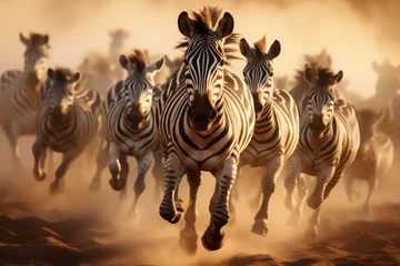 Fotobehang a herd of zebras running across a dusty field © Kien
