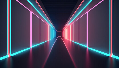 neon cyber space room in virtual world space view new quality universal colorful technology stock image illustration design, generative ai