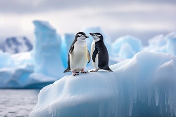 Gentoo penguins on iceberg, Antarctic Peninsula, Antarctica, chinstrap penguins, Pygoscelis antarctica, on an iceberg off the South Shetland Islands, AI Generated - obrazy, fototapety, plakaty