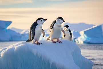 Obraz premium some penguins in the arctic walking around on the iceberg and looking for the young baby, chinstrap penguins, Pygoscelis antarctica, on an iceberg off the South Shetland Islands, AI Generated