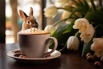 Cup of cappuccino with cute bunny and tulips on table, Chocolate easter bunny sitting beside coffee...