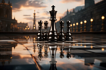 Chess black king winner surrounded with chess pieces on dramatic background. Strategy concept. Generative AI - obrazy, fototapety, plakaty