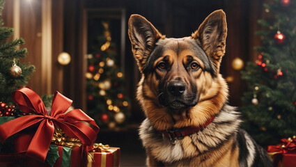 Cane di razza pastore tedesco vicino all'albero di Natale e ai pacchetti dei regali in una atmosfera natalizia