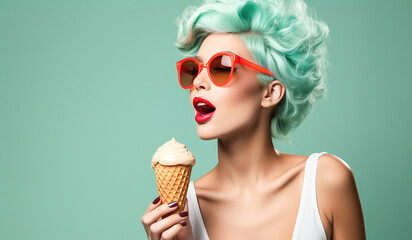 Woman with modern style, green hair, eating ice cream. Studio time. AI generated