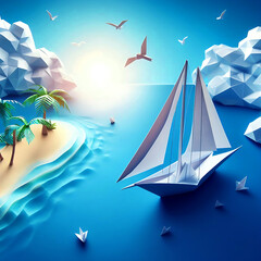 Fototapeta na wymiar A Sailboat floating towards a tropical island with tress