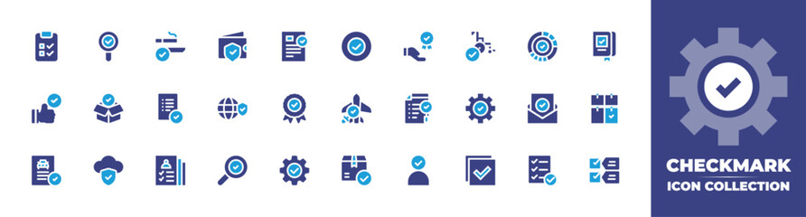 Checkmark icon collection. Duotone color. Vector and transparent illustration. Containing approved, value proposal, approval, check, accept, analysis, driving test, cloud data, registered, search.