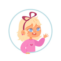 Avatar of smiling and greeting girl. Child face character icon. Colorful cartoon funny flat vector illustration isolated on white background. Blonde kid with a bow greets her friends