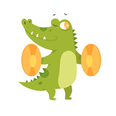 Cute green crocodile playing cymbals, animal holding gold percussion instrument to clap