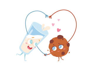 Glass of milk and cookie characters, happy couple in love holding hands in heart shape