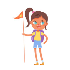 Kid with red flag during camping trip in forest in summer. Outdoor adventure scene vector illustration. Children on vacation