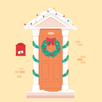 Christmas front house door decorated for holiday. Traditional xmas georgian winter home decoration with wreath and garlands. Flat vector illustration isolated on beige background