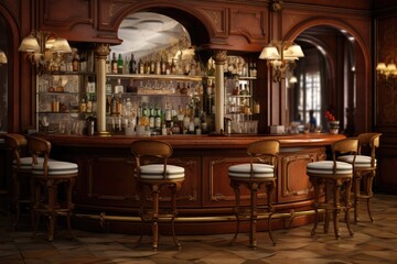 Interior of a pub with bar counter and chairs. 3d render, Classic bar counter, AI Generated