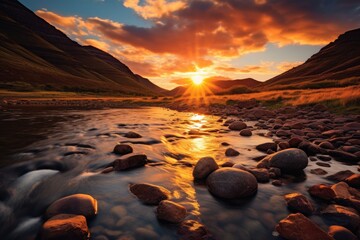 Beautiful sunset over mountain river. Iceland, Europe. Beauty world, Clear river with rocks leads towards mountains lit by sunset, AI Generated