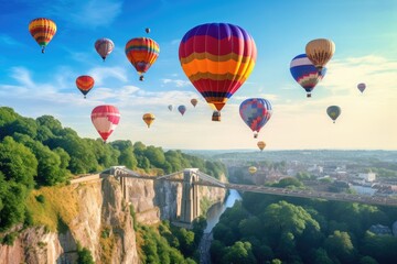 Colorful hot air balloons flying over the city, panoramic view, Clifton Suspension Bridge with hot air balloons in the Bristol Balloon Fiesta in August, AI Generated