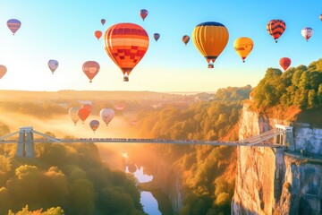 Colorful hot air balloons fly over the canyon. The concept of travel and tourism, Clifton Suspension Bridge with hot air balloons in the Bristol Balloon Fiesta in August, AI Generated