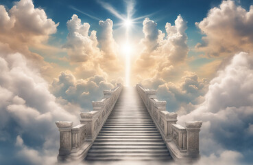 Beautiful heavenly paradise cloudscape. Entering the pearly gates of heaven. Staircase to heaven. Castle in the sky - obrazy, fototapety, plakaty