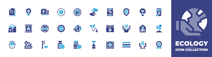 Ecology icon collection. Duotone color. Vector and transparent illustration. Containing growth, renewable energy, plant, ozone layer, environment, recycling, water cycle, badge, biomedical waste.
