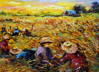 Art painting Oil color Harvest Rice  Countryside in the provinces Thailand on canvas