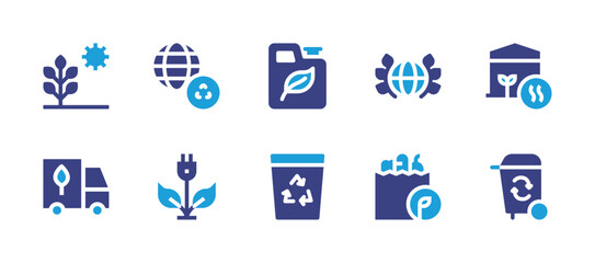 Fototapeta na wymiar Ecology icon set. Duotone color. Vector illustration. Containing fuel, recycle bin, recycling, green energy, greenhouse, recycling bin, photosynthesis, truck, world, paper bag.
