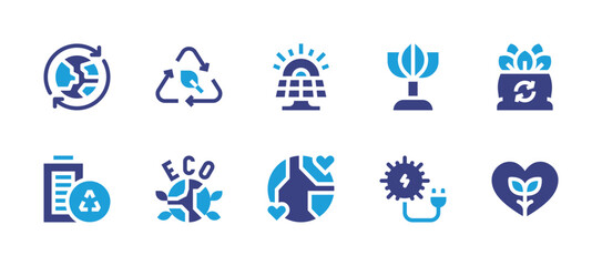 Ecology icon set. Duotone color. Vector illustration. Containing eco friendly, eco, recycle, battery, organic, heart, solar panel, plant, renewable energy, love.