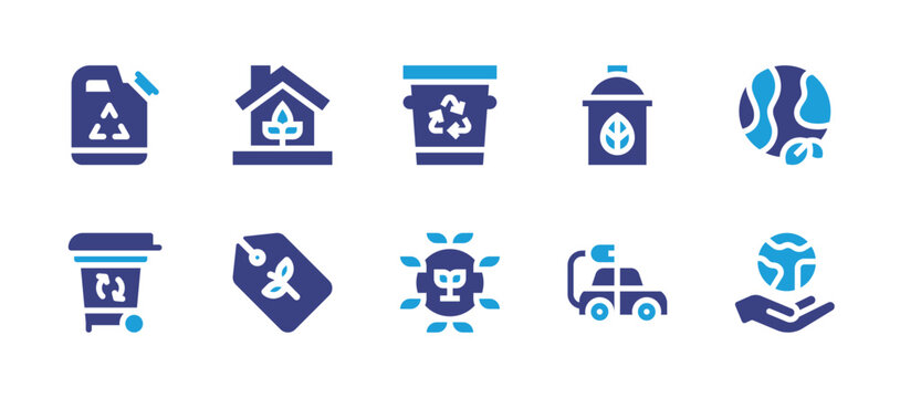 Ecology icon set. Duotone color. Vector illustration. Containing eco house, eco tag, recycle, recycling bin, planet earth, earth, recycle bin, spray, electric car, biology.