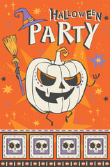 Vector dancing pumpkin on orange background.  Halloween invitation. Great for spooky fun party themed designs, gifts, packaging.