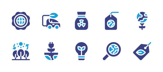 Ecology icon set. Duotone color. Vector illustration. Containing eco tag, eco car, tag, bulb, green energy, badge, sourcing, photosynthesis, garbage, world.