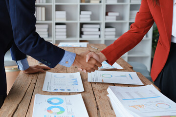 Handshake, contract deal and business partnership of  meeting with shaking hands. Networking, hiring and professional negotiation of onboarding collaboration and congratulations of project