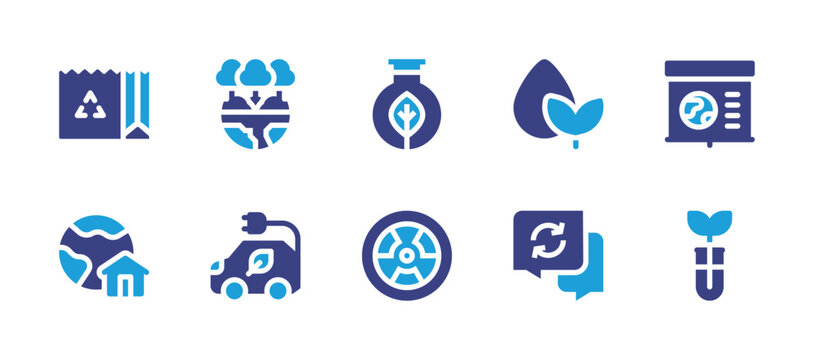 Ecology icon set. Duotone color. Vector illustration. Containing ecology, eco car, reusable, earth, water, recycling, biology, nuclear energy, presentation, plant.