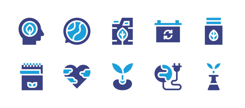 Ecology icon set. Duotone color. Vector illustration. Containing ecology, eco, think green, notebook, plug, battery, biofuel, sprout, flask.