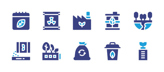Ecology icon set. Duotone color. Vector illustration. Containing eco battery, ecology, green factory, recycling, barrel, bin, calendar, bag, radiation, battery.