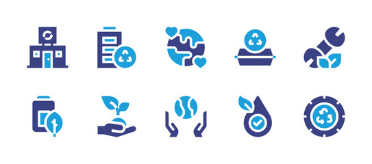 Ecology icon set. Duotone color. Vector illustration. Containing food container, hypoallergenic, recycling center, battery, recycling, sprout, earth, world, maintenance, tire.