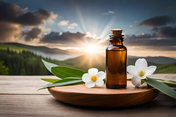 A bottle of essential oil next to white flowers on a wooden plate at sunset | Spa still life with...