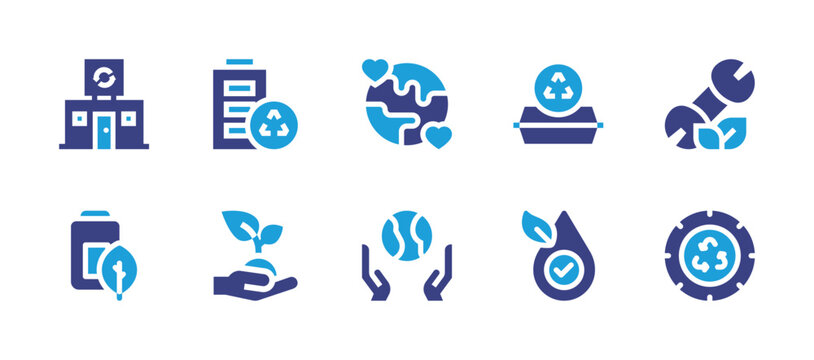 Ecology icon set. Duotone color. Vector illustration. Containing food container, hypoallergenic, recycling center, battery, recycling, sprout, earth, world, maintenance, tire.