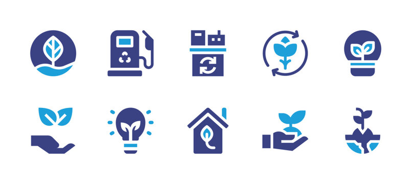 Ecology icon set. Duotone color. Vector illustration. Containing eco bulb, recycle, eco house, recycling, sprout, nature, ewaste, light bulb, earth.
