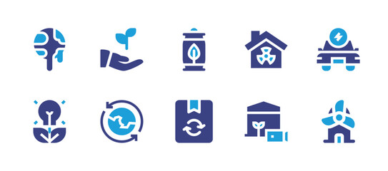 Ecology icon set. Duotone color. Vector illustration. Containing ecological, ecology, global warming, bio, can, box, nuclear energy, camera, electric car, windmill.
