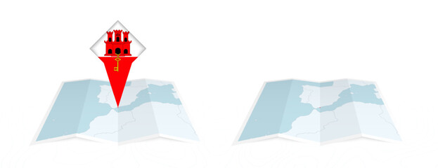 Two versions of an Gibraltar folded map, one with a pinned country flag and one with a flag in the map contour. Template for both print and online design.