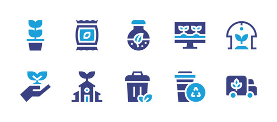 Ecology icon set. Duotone color. Vector illustration. Containing eco packaging, ecology, greenhouse, distribution, biomass, garbage can, plant, tree, monitoring, paper cup.